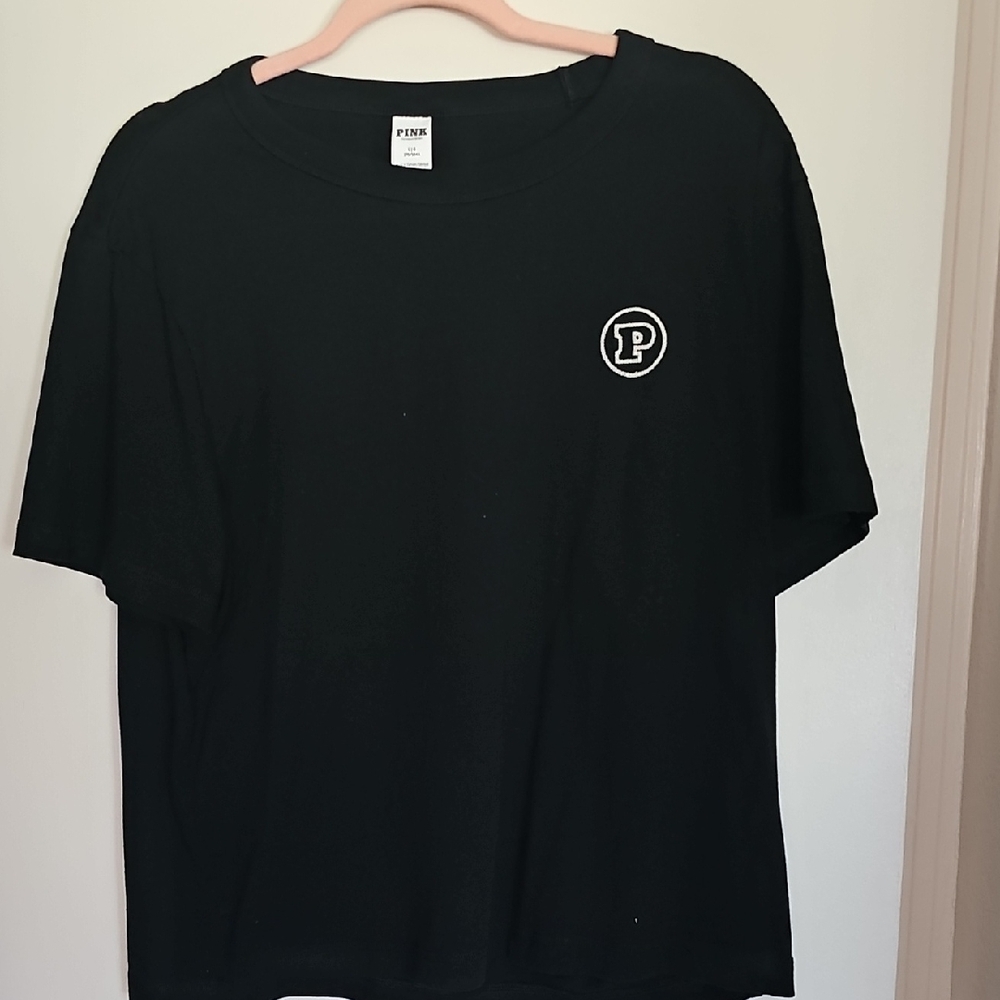PINK Victoria's Secret Black Tee with Embroidered Logo-Boxy Fit